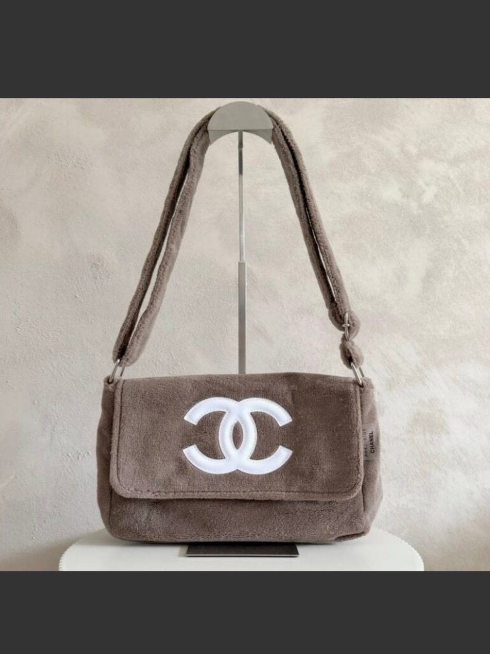 Chanel Taupe Shearling Shoulder Bag with White Logo VIP GWP